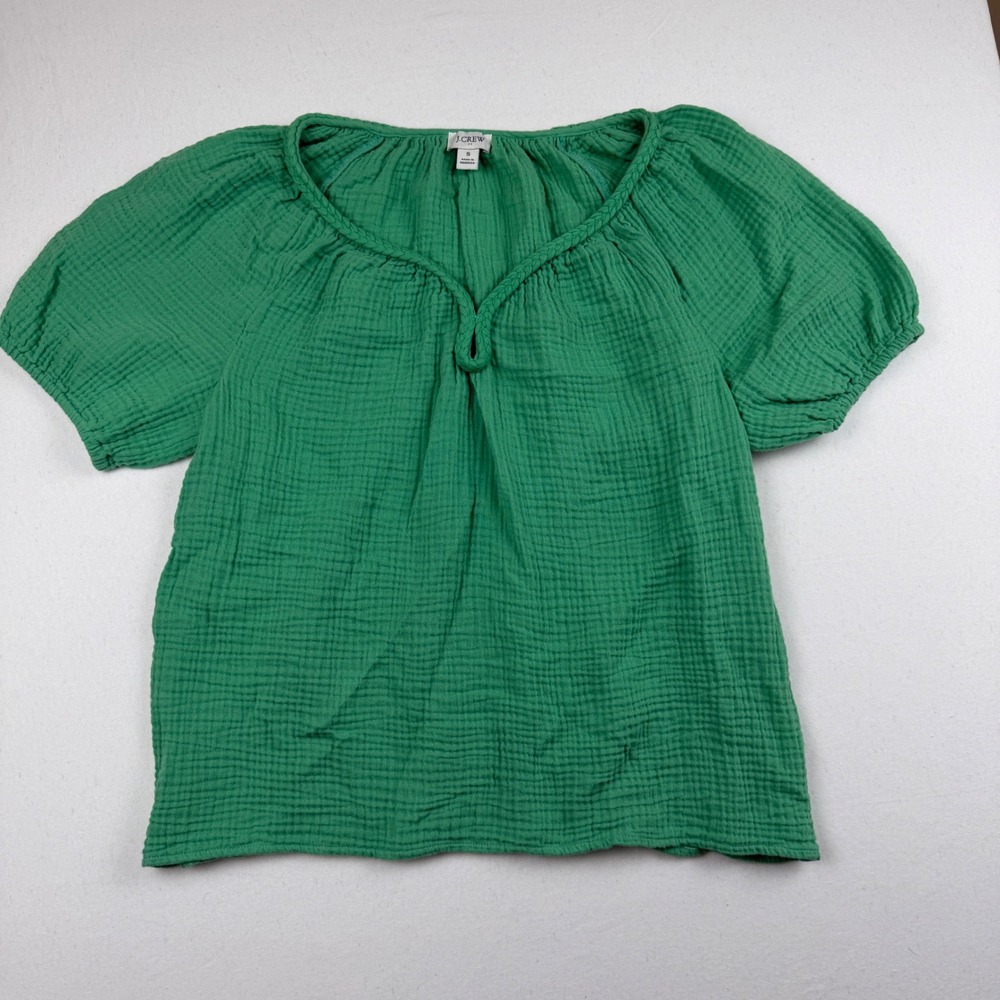 J.Crew Green Double Gauze Cotton Puff Sleeve Braided Neck Blouse Top S